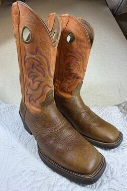 Justin Men's Tan/Orange 11D Square Toe Leather Cowboy Western Boots Rodeo Ranch
